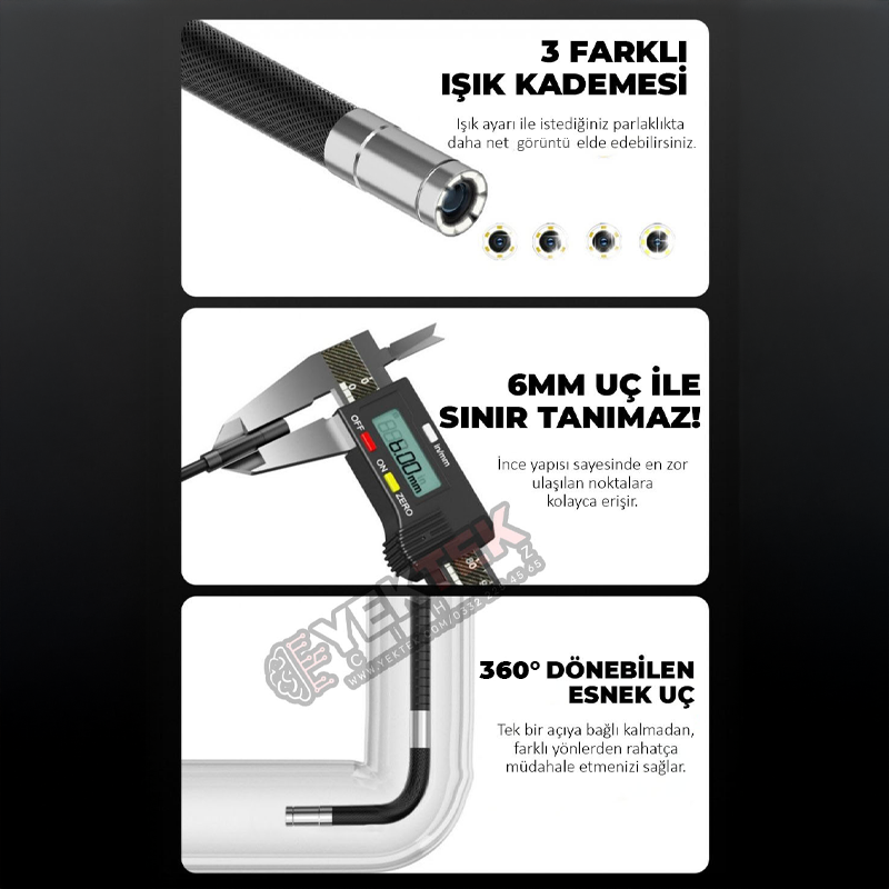Ancel Çift Kameralı 360° Dönebilen Endoskop Kamera | 5'' Ekran, Otomatik Odaklama, LED'li 6 mm Kamera, SD Kayıt