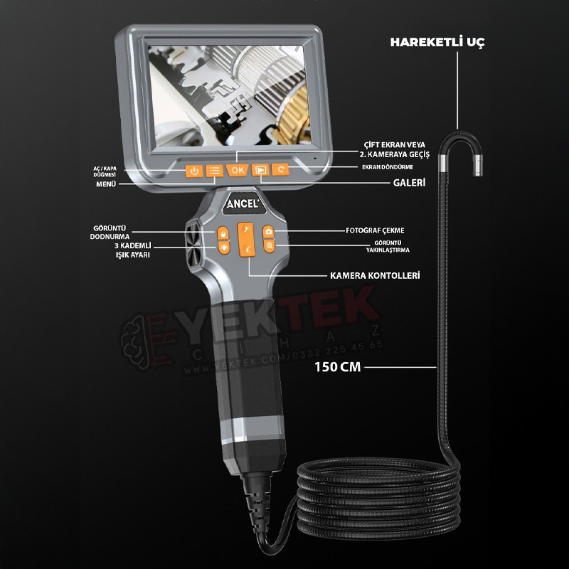 Ancel Çift Kameralı 360° Dönebilen Endoskop Kamera | 5'' Ekran, Otomatik Odaklama, LED'li 6 mm Kamera, SD Kayıt